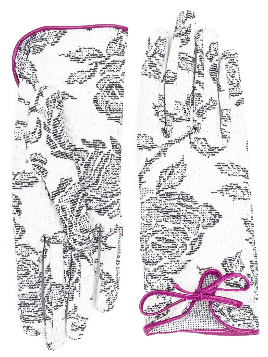 GUANTO JACQUARD ROSE B&W CON BORDINO IN PELLE, 50%VI 50% POLY, MADE IN ITALY